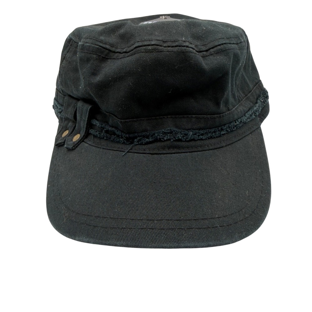 Pugs Shelby Black Military Cadet Hat Distressed Flat Top Adjustable Cap NWT